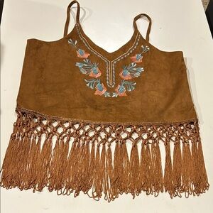36 Point 5 Brown Suede Camisole with Embroidery and Fringe